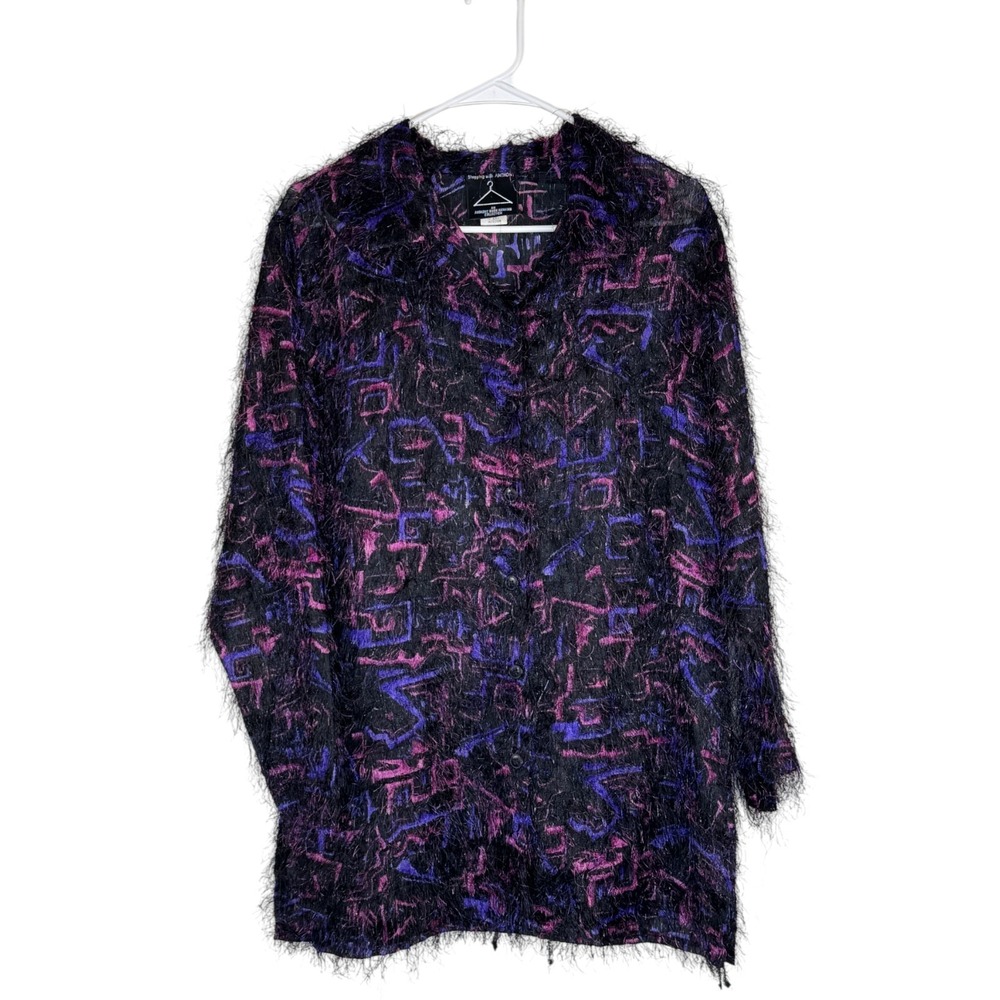Shopping with Anthony Fuzzy Shirt Women Medium Black Purple Pink Abstract 90s